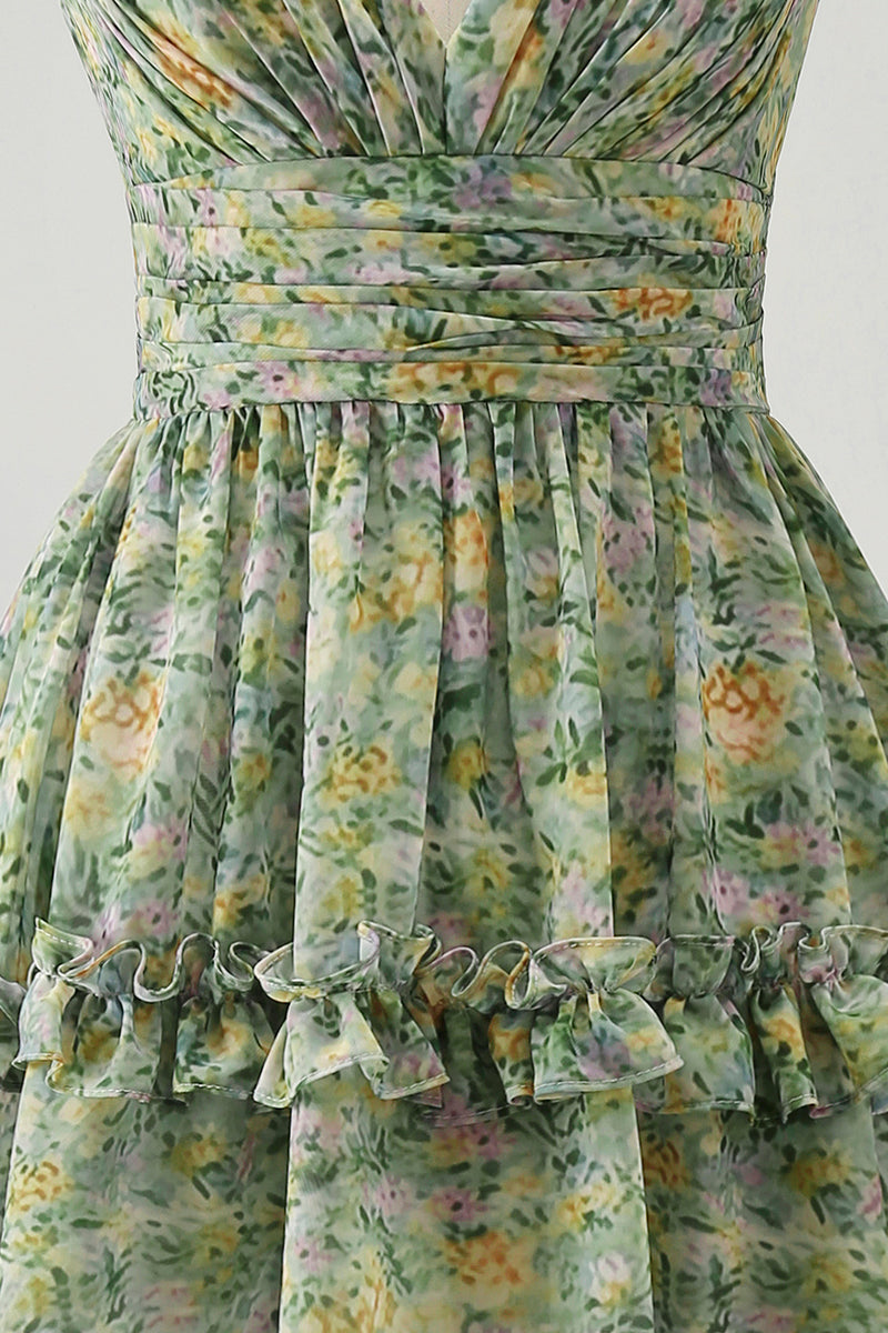 Load image into Gallery viewer, A Line V-Neck Dusty Green Floral Ruched Knee Length Beach Wedding Guest Dress with Ruffles