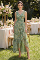 Load image into Gallery viewer, Sheath V-Neck Floral Dusty Green High Low Beach Wedding Guest Dress with Ruffles