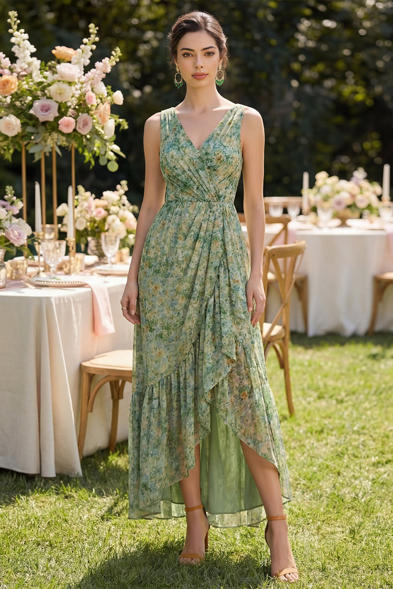 Load image into Gallery viewer, Sheath V-Neck Floral Dusty Green High Low Beach Wedding Guest Dress with Ruffles
