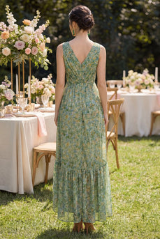 Sheath V-Neck Floral Dusty Green High Low Beach Wedding Guest Dress with Ruffles