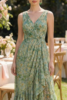 Load image into Gallery viewer, Sheath V-Neck Floral Dusty Green High Low Beach Wedding Guest Dress with Ruffles
