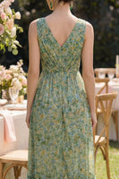 Load image into Gallery viewer, Sheath V-Neck Floral Dusty Green High Low Beach Wedding Guest Dress with Ruffles