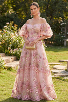 Load image into Gallery viewer, Puff Sleeves Floral Pink Fuchsia Maxi A Line Wedding Guest Dress with Pearls