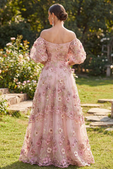 Puff Sleeves Floral Pink Fuchsia Maxi A Line Wedding Guest Dress with Pearls