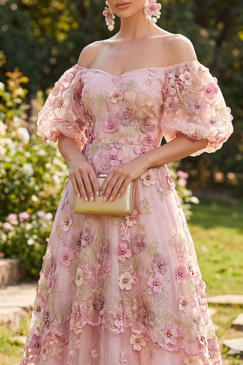 Load image into Gallery viewer, Puff Sleeves Floral Pink Fuchsia Maxi A Line Wedding Guest Dress with Pearls