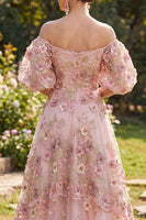 Load image into Gallery viewer, Puff Sleeves Floral Pink Fuchsia Maxi A Line Wedding Guest Dress with Pearls