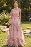 Load image into Gallery viewer, One Shoulder Ruched Pink Fuchsia Floral A Line Maxi Wedding Guest Dress with Pearls
