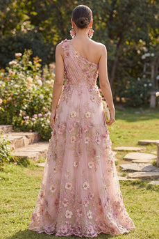 One Shoulder Ruched Pink Fuchsia Floral A Line Maxi Wedding Guest Dress with Pearls