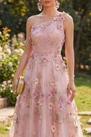 Load image into Gallery viewer, One Shoulder Ruched Pink Fuchsia Floral A Line Maxi Wedding Guest Dress with Pearls