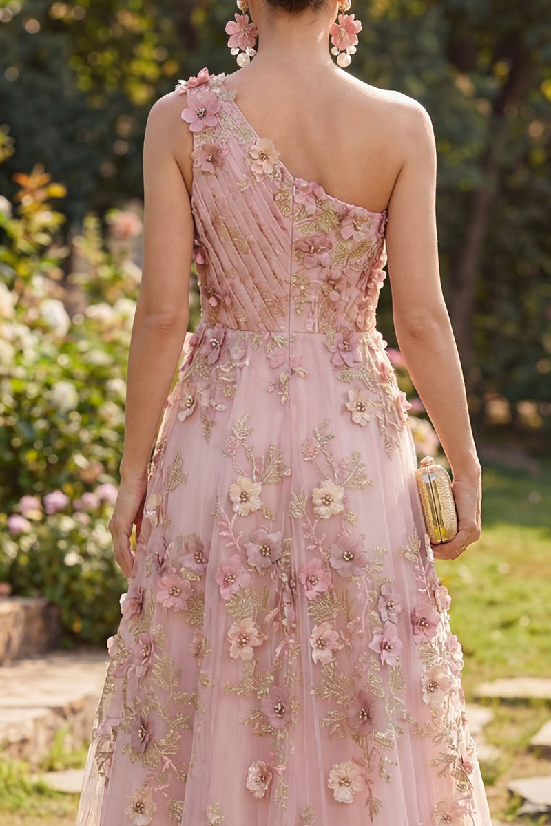 Load image into Gallery viewer, One Shoulder Ruched Pink Fuchsia Floral A Line Maxi Wedding Guest Dress with Pearls