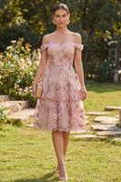 Load image into Gallery viewer, Off the Shoulder Ruffled Floral Pink Fuchsia A Line Midi Wedding Guest Dress with Pearls