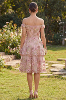Load image into Gallery viewer, Off the Shoulder Ruffled Floral Pink Fuchsia A Line Midi Wedding Guest Dress with Pearls