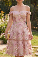 Load image into Gallery viewer, Off the Shoulder Ruffled Floral Pink Fuchsia A Line Midi Wedding Guest Dress with Pearls