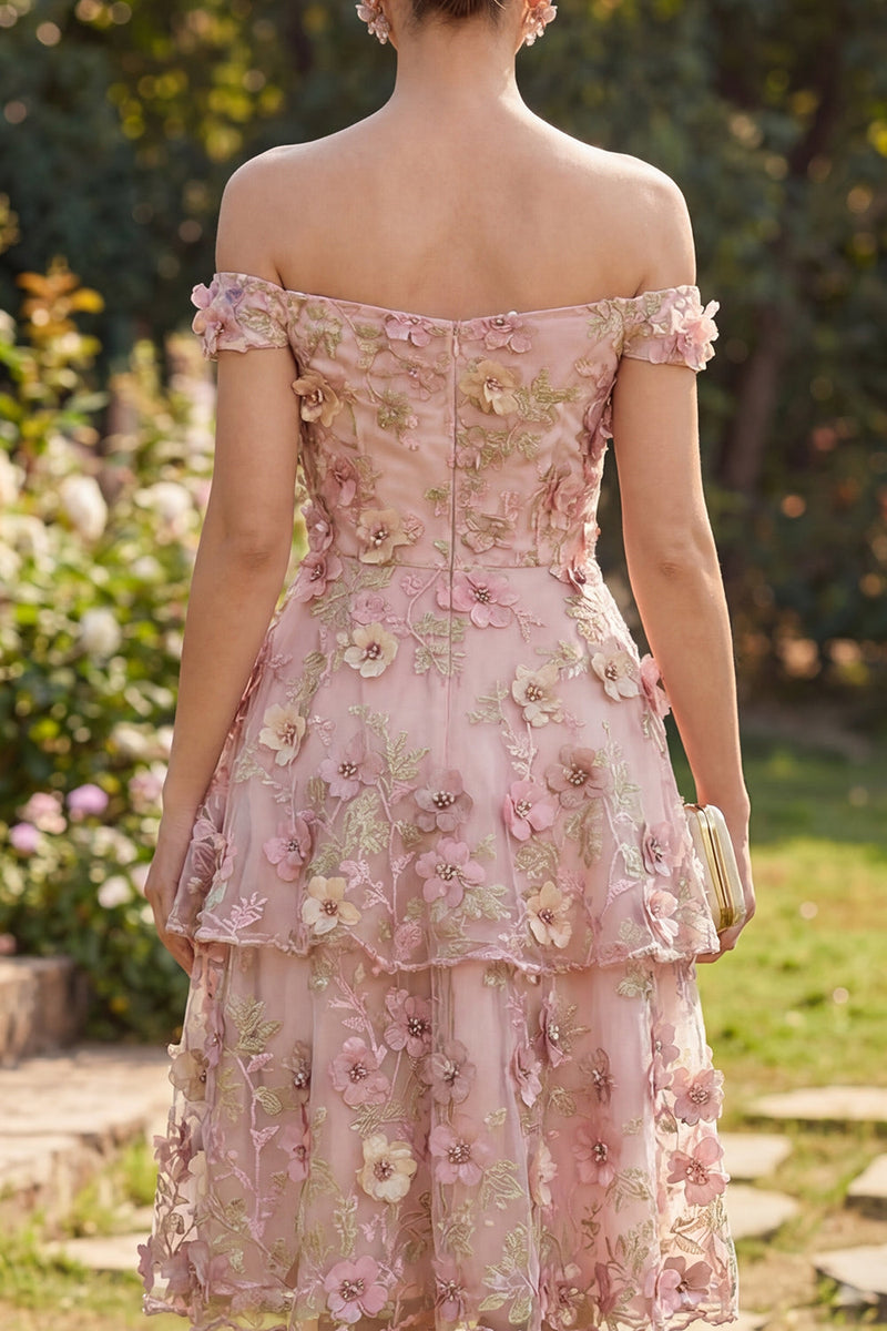 Load image into Gallery viewer, Off the Shoulder Ruffled Floral Pink Fuchsia A Line Midi Wedding Guest Dress with Pearls