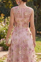 Load image into Gallery viewer, Pink Fuchsia A Line Floral V-Neck Short Wedding Guest Dress with Pearls