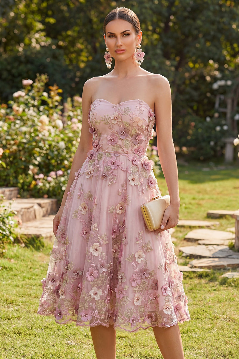 Load image into Gallery viewer, Floral Strapless Pink Fuchsia A Line Midi Wedding Guest Dress with Pearls