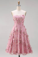 Load image into Gallery viewer, Floral Strapless Pink Fuchsia A Line Midi Wedding Guest Dress with Pearls