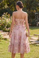 Load image into Gallery viewer, Floral Strapless Pink Fuchsia A Line Midi Wedding Guest Dress with Pearls