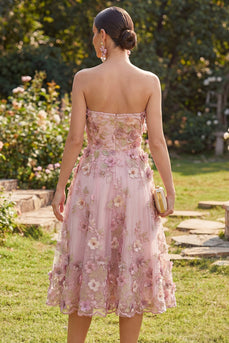 Floral Strapless Pink Fuchsia A Line Midi Wedding Guest Dress with Pearls