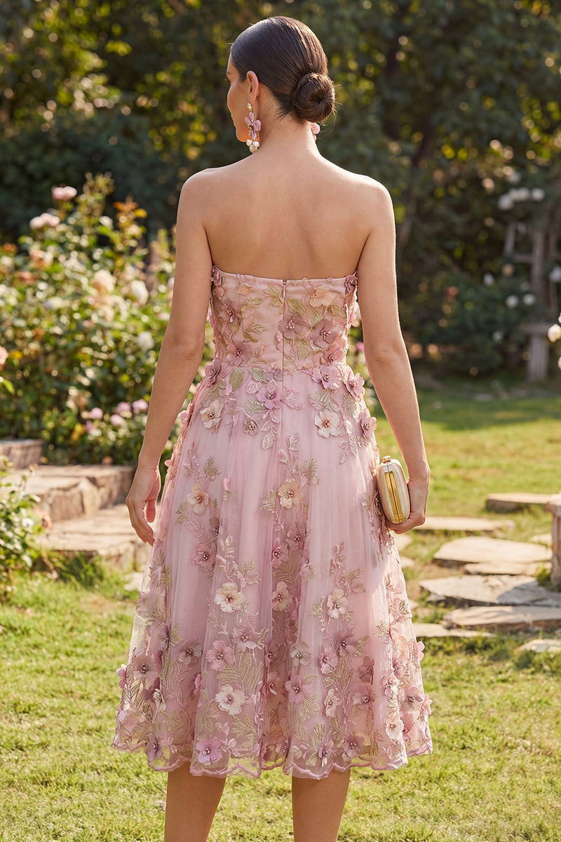 Load image into Gallery viewer, Floral Strapless Pink Fuchsia A Line Midi Wedding Guest Dress with Pearls