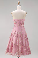 Load image into Gallery viewer, Floral Strapless Pink Fuchsia A Line Midi Wedding Guest Dress with Pearls