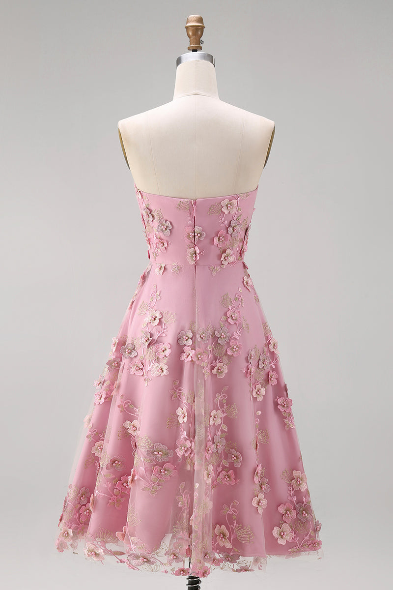 Load image into Gallery viewer, Floral Strapless Pink Fuchsia A Line Midi Wedding Guest Dress with Pearls