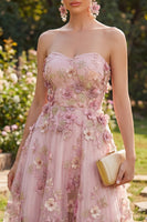 Load image into Gallery viewer, Floral Strapless Pink Fuchsia A Line Midi Wedding Guest Dress with Pearls