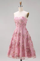Load image into Gallery viewer, Floral Strapless Pink Fuchsia A Line Midi Wedding Guest Dress with Pearls
