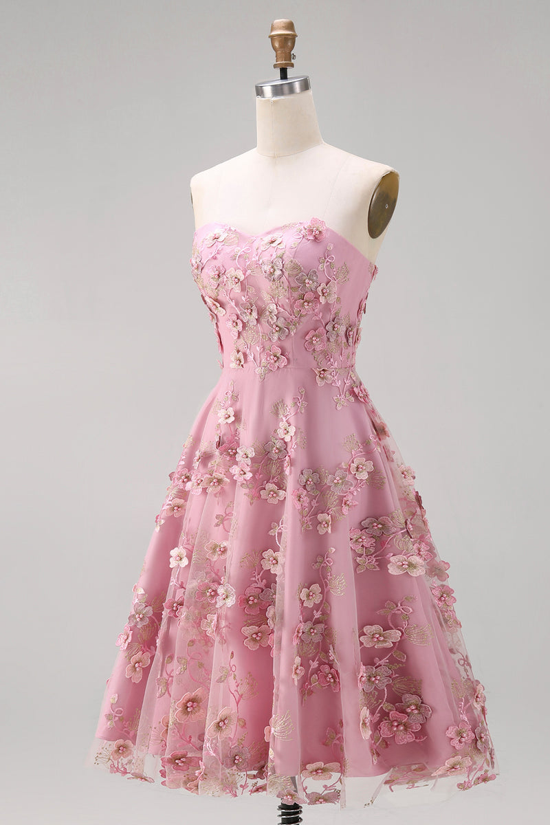 Load image into Gallery viewer, Floral Strapless Pink Fuchsia A Line Midi Wedding Guest Dress with Pearls