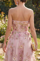 Load image into Gallery viewer, Floral Strapless Pink Fuchsia A Line Midi Wedding Guest Dress with Pearls