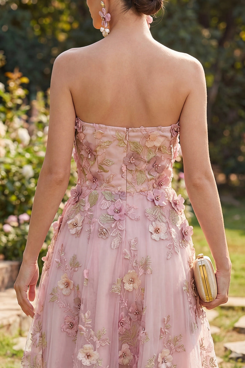 Load image into Gallery viewer, Floral Strapless Pink Fuchsia A Line Midi Wedding Guest Dress with Pearls