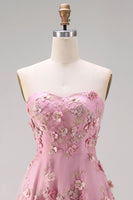 Load image into Gallery viewer, Floral Strapless Pink Fuchsia A Line Midi Wedding Guest Dress with Pearls