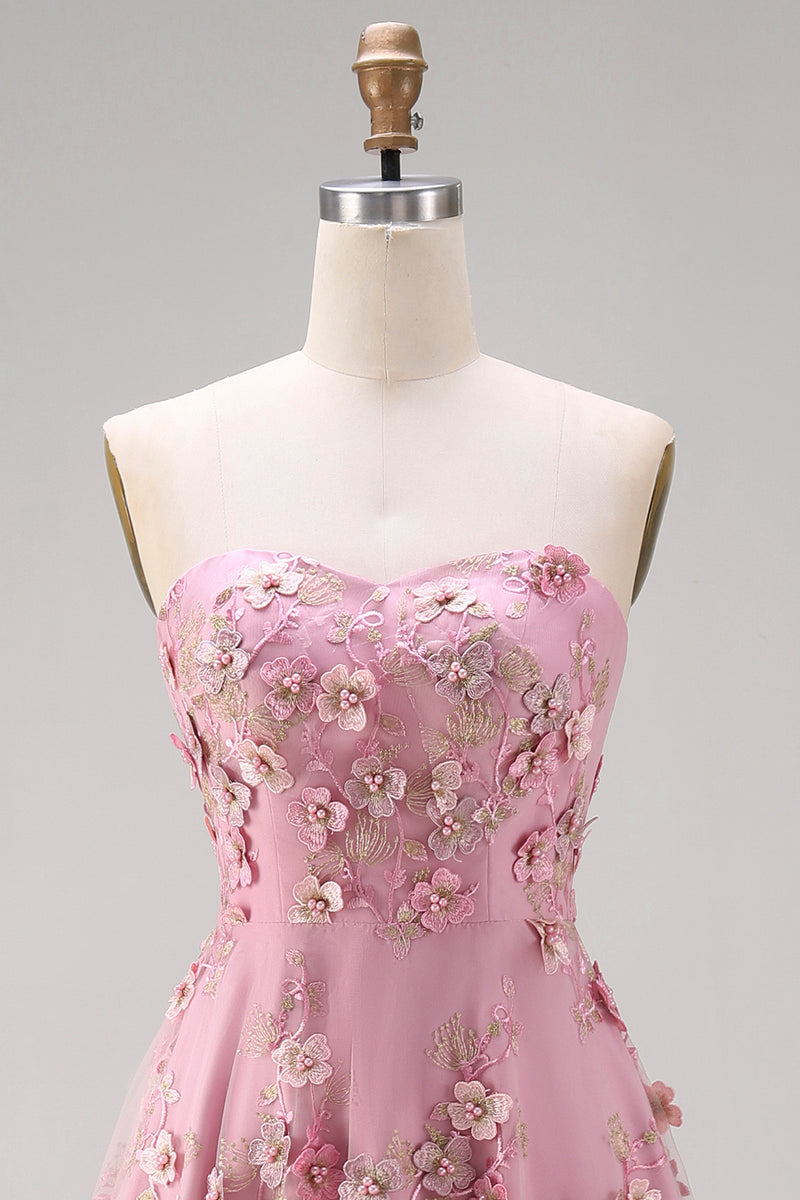Load image into Gallery viewer, Floral Strapless Pink Fuchsia A Line Midi Wedding Guest Dress with Pearls