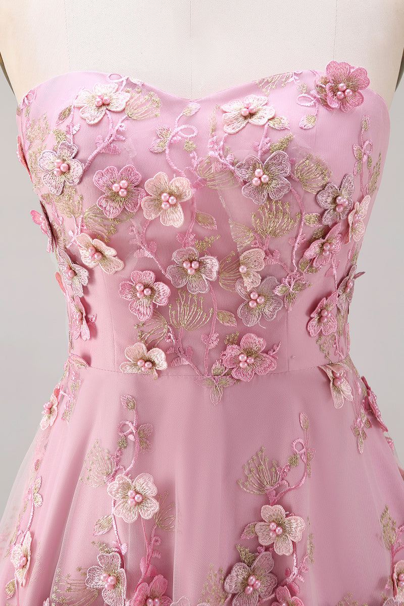 Load image into Gallery viewer, Floral Strapless Pink Fuchsia A Line Midi Wedding Guest Dress with Pearls