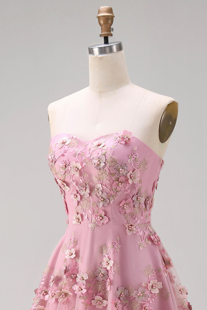 Load image into Gallery viewer, Floral Strapless Pink Fuchsia A Line Midi Wedding Guest Dress with Pearls