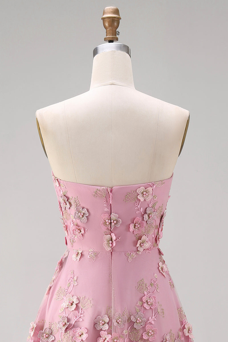 Load image into Gallery viewer, Floral Strapless Pink Fuchsia A Line Midi Wedding Guest Dress with Pearls