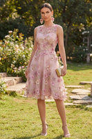 Load image into Gallery viewer, Boat Neck Floral Pink Fuchsia Short A Line Wedding Guest Dress with Pearls