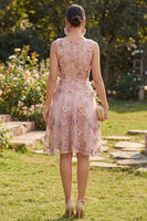 Load image into Gallery viewer, Boat Neck Floral Pink Fuchsia Short A Line Wedding Guest Dress with Pearls