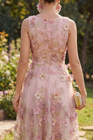 Load image into Gallery viewer, Boat Neck Floral Pink Fuchsia Short A Line Wedding Guest Dress with Pearls
