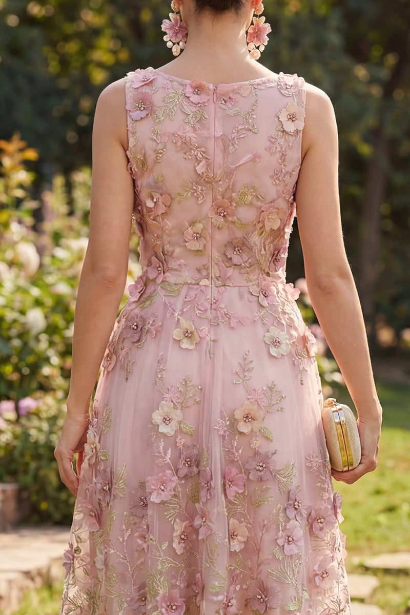 Load image into Gallery viewer, Boat Neck Floral Pink Fuchsia Short A Line Wedding Guest Dress with Pearls