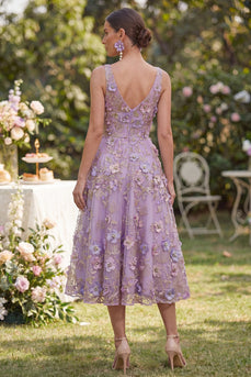 Lilac A Line Maxi V-Neck Floral Wedding Guest Dress with Pearls