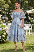 Load image into Gallery viewer, Blue Puff Sleeves Floral Ruched A Line Maxi Wedding Guest Dress with Pearls
