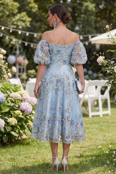 Blue Puff Sleeves Floral Ruched A Line Maxi Wedding Guest Dress with Pearls