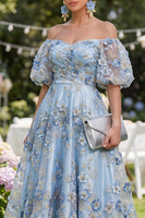 Load image into Gallery viewer, Blue Puff Sleeves Floral Ruched A Line Maxi Wedding Guest Dress with Pearls