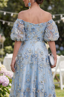 Load image into Gallery viewer, Blue Puff Sleeves Floral Ruched A Line Maxi Wedding Guest Dress with Pearls