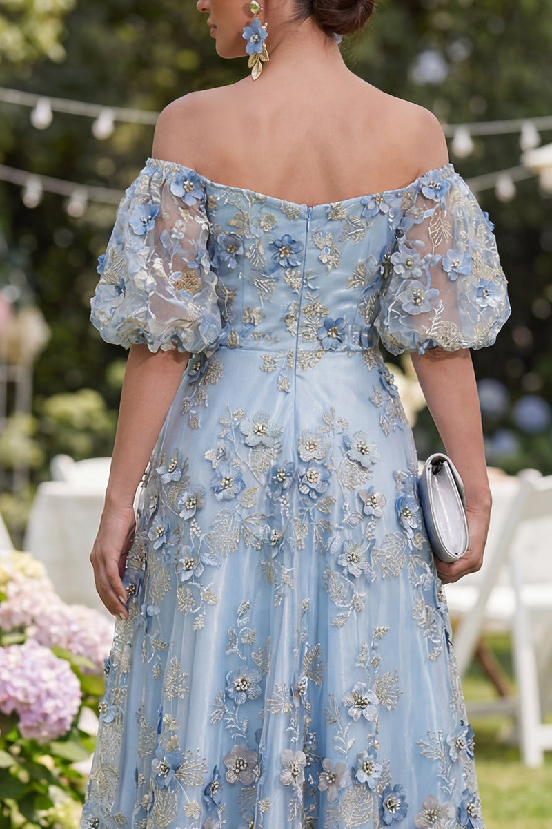 Load image into Gallery viewer, Blue Puff Sleeves Floral Ruched A Line Maxi Wedding Guest Dress with Pearls
