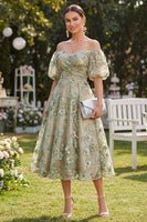Load image into Gallery viewer, Blue Puff Sleeves Floral Ruched A Line Maxi Wedding Guest Dress with Pearls