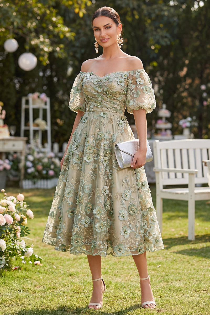 Load image into Gallery viewer, Blue Puff Sleeves Floral Ruched A Line Maxi Wedding Guest Dress with Pearls