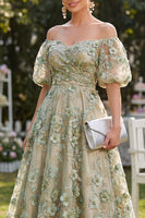 Load image into Gallery viewer, Blue Puff Sleeves Floral Ruched A Line Maxi Wedding Guest Dress with Pearls