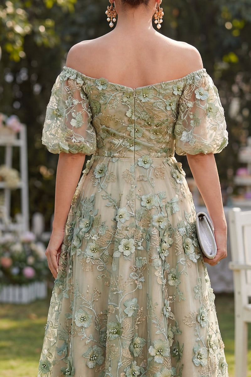 Load image into Gallery viewer, Blue Puff Sleeves Floral Ruched A Line Maxi Wedding Guest Dress with Pearls